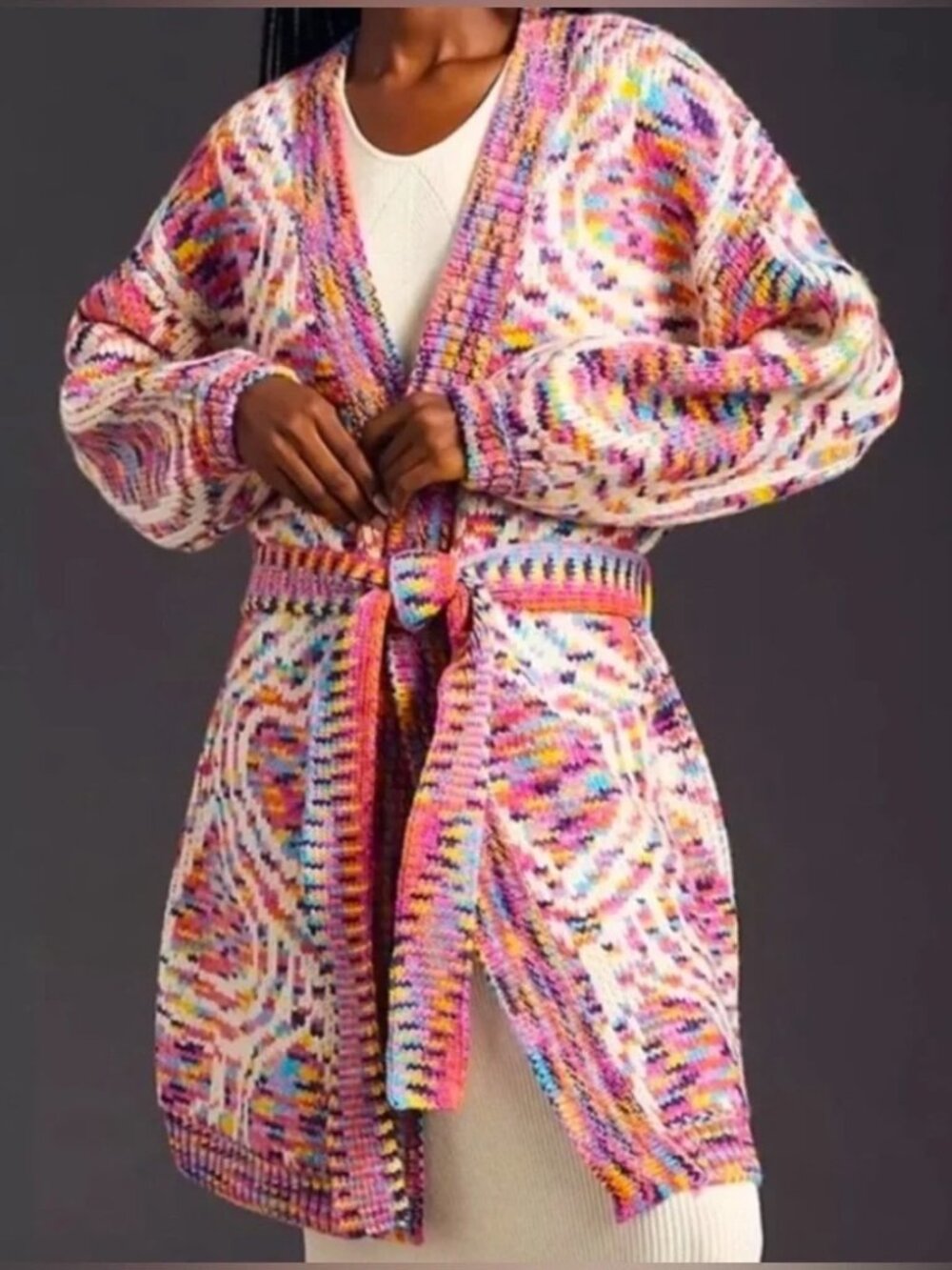 FARM Rio White Multicolor Knit Belted Longline Cardigan Size L